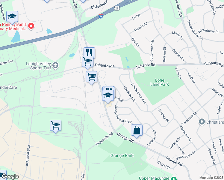 map of restaurants, bars, coffee shops, grocery stores, and more near 141 Ramapo Trail in Allentown