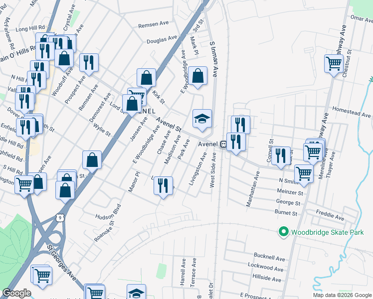 map of restaurants, bars, coffee shops, grocery stores, and more near 10 West Park Avenue in Woodbridge Township