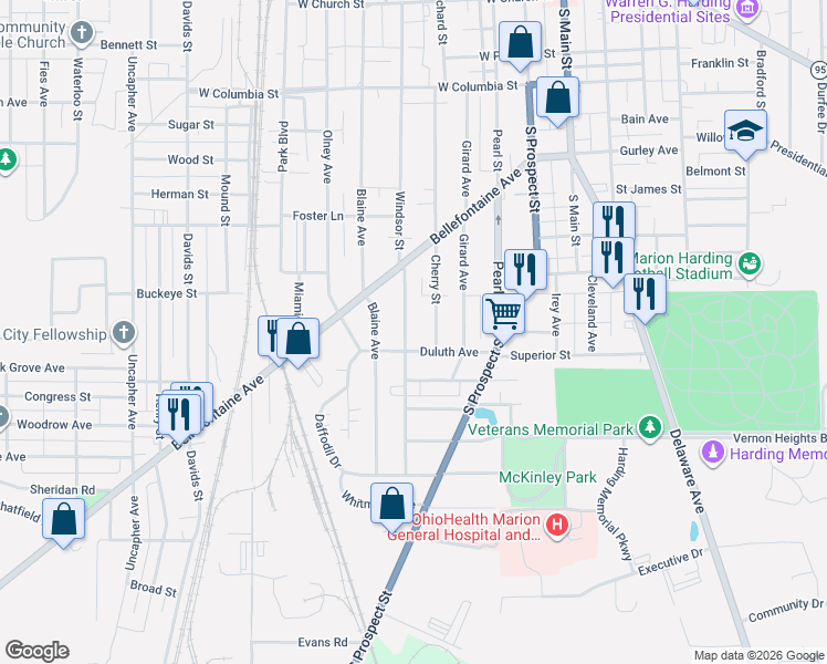 map of restaurants, bars, coffee shops, grocery stores, and more near 610 Windsor Street in Marion