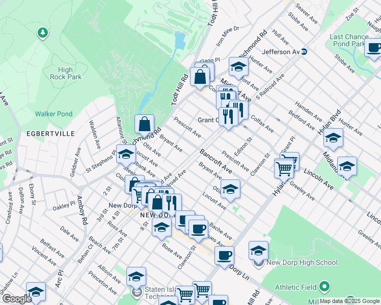 map of restaurants, bars, coffee shops, grocery stores, and more near 91 Bryant Avenue in Staten Island