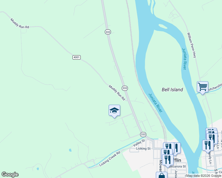 map of restaurants, bars, coffee shops, grocery stores, and more near 2418 Muddy Run Road in Mifflintown