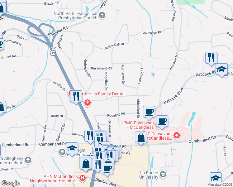 map of restaurants, bars, coffee shops, grocery stores, and more near 9433 Katherine Drive in McCandless