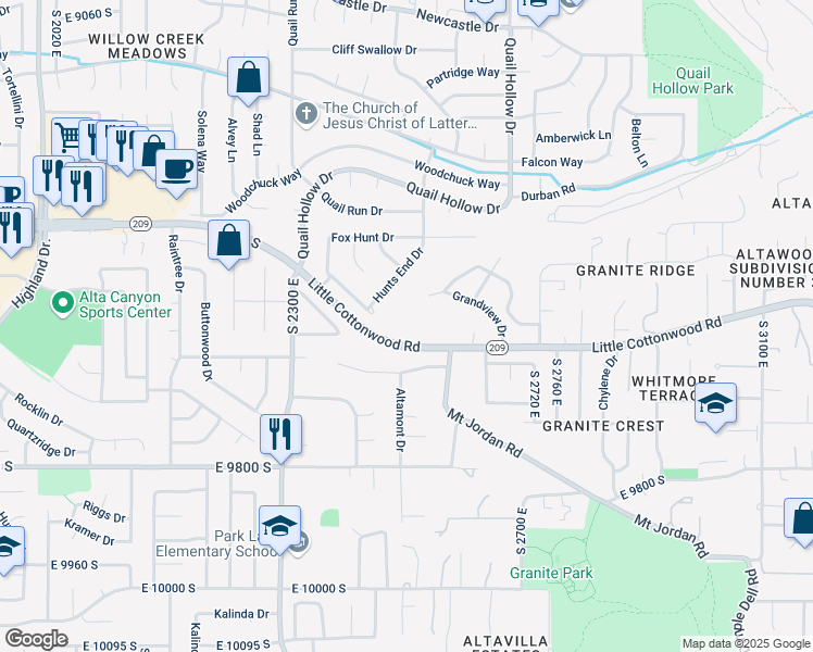 map of restaurants, bars, coffee shops, grocery stores, and more near 2534 Grand Point Circle in Sandy