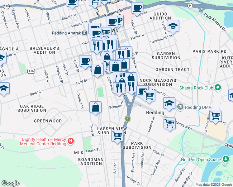 map of restaurants, bars, coffee shops, grocery stores, and more near 2183 California Street in Redding