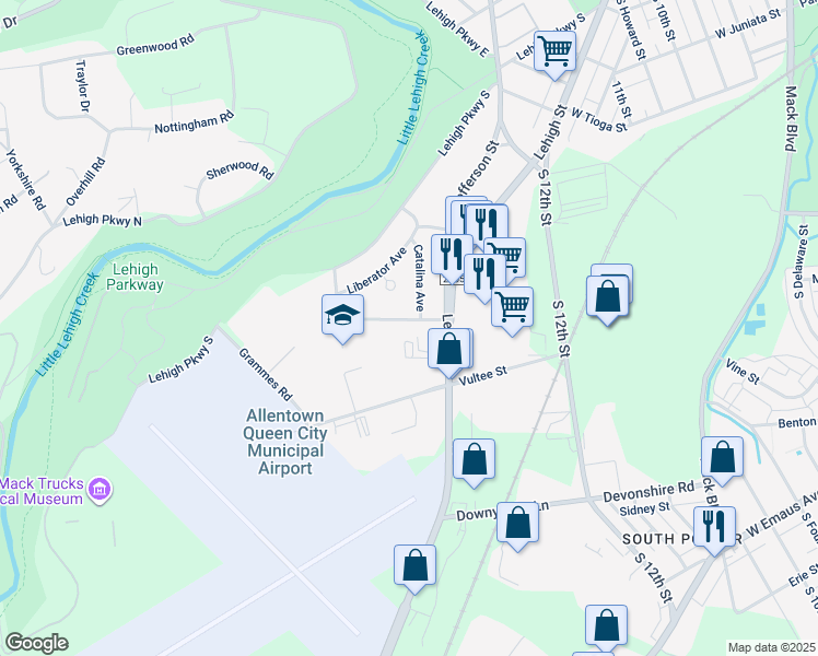 map of restaurants, bars, coffee shops, grocery stores, and more near 1844 17th Street Southwest in Allentown