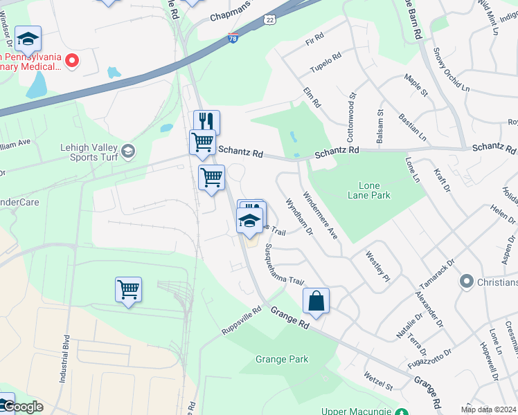 map of restaurants, bars, coffee shops, grocery stores, and more near 141 Ramapo Trail in Allentown