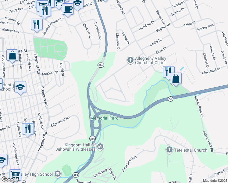 map of restaurants, bars, coffee shops, grocery stores, and more near 124 McLaughlin Drive in New Kensington