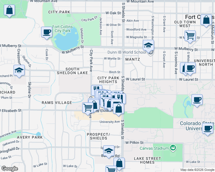 map of restaurants, bars, coffee shops, grocery stores, and more near 1300 Baystone Drive in Fort Collins