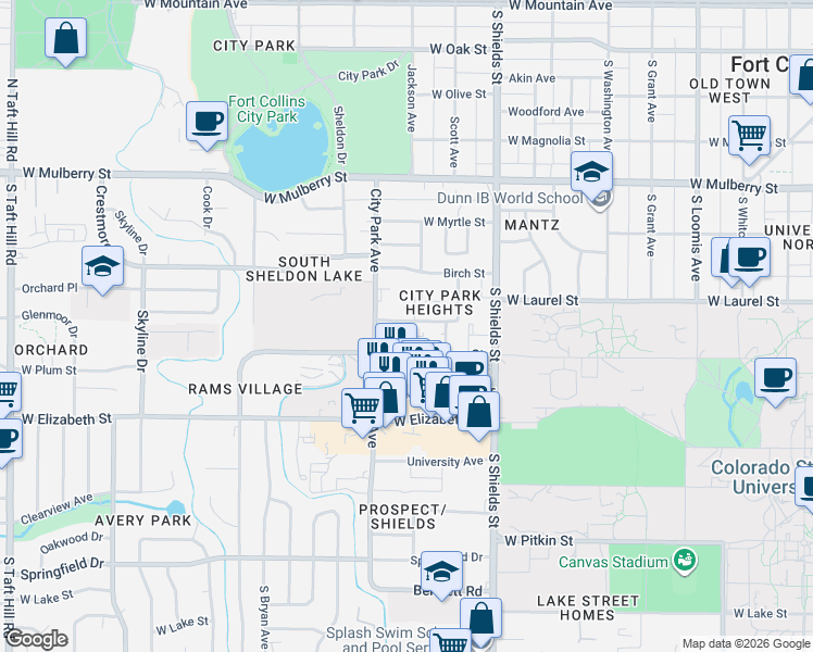 map of restaurants, bars, coffee shops, grocery stores, and more near Baystone Drive in Fort Collins