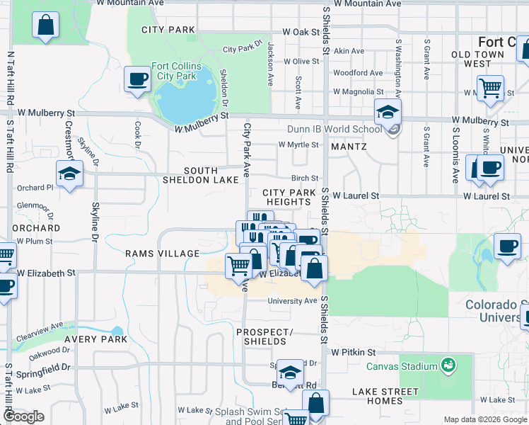 map of restaurants, bars, coffee shops, grocery stores, and more near Baystone Drive in Fort Collins