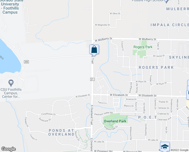 map of restaurants, bars, coffee shops, grocery stores, and more near 720 South Overland Trail in Fort Collins