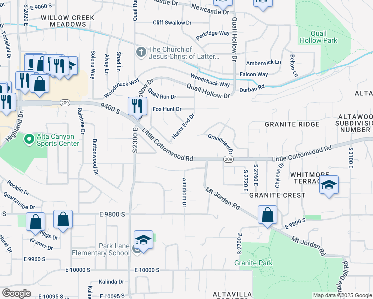 map of restaurants, bars, coffee shops, grocery stores, and more near 2534 Grand Point Circle in Sandy