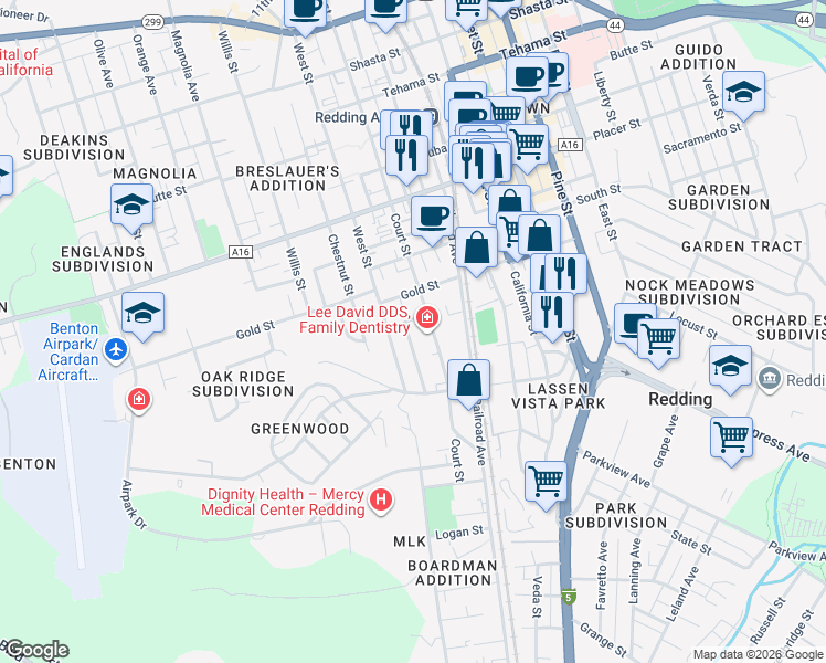 map of restaurants, bars, coffee shops, grocery stores, and more near 2020 Court Street in Redding