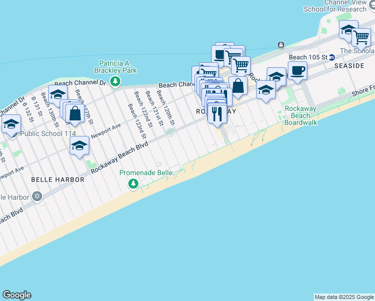 map of restaurants, bars, coffee shops, grocery stores, and more near 162 Beach 119th Street in Queens