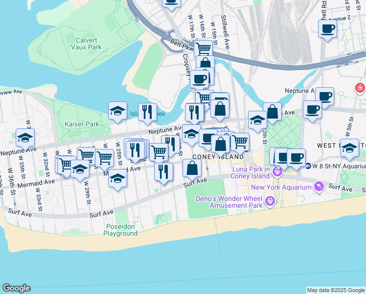 map of restaurants, bars, coffee shops, grocery stores, and more near 2824 West 20th Street in Brooklyn