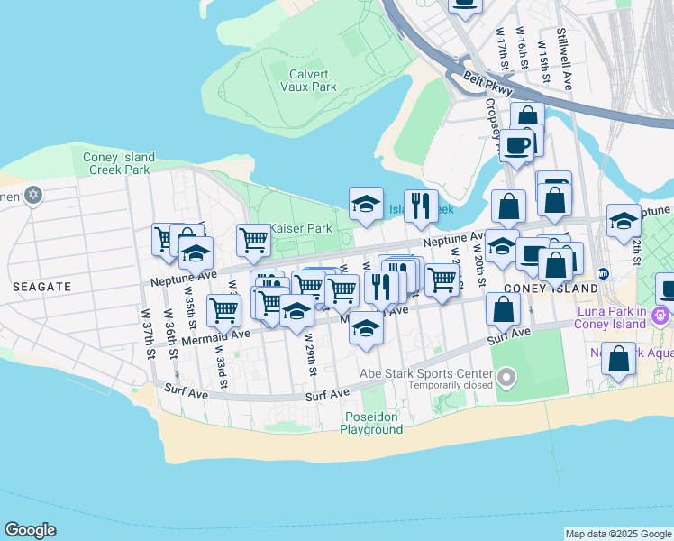 map of restaurants, bars, coffee shops, grocery stores, and more near 2516 Neptune Avenue in Brooklyn