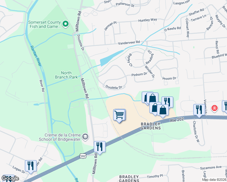 map of restaurants, bars, coffee shops, grocery stores, and more near 2805 Doolittle Drive in Bridgewater Township
