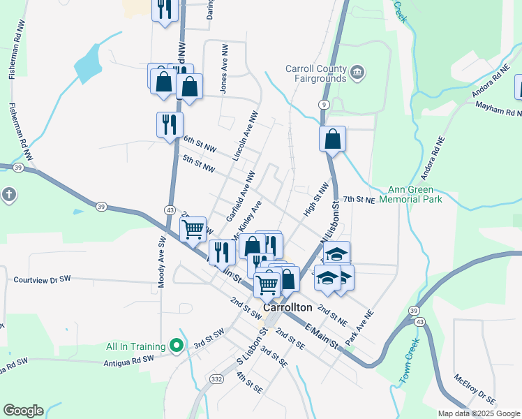 map of restaurants, bars, coffee shops, grocery stores, and more near 286 5th Street Northwest in Carrollton