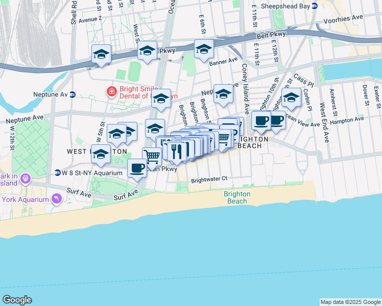 map of restaurants, bars, coffee shops, grocery stores, and more near 3040 Brighton 3rd Street in Brooklyn