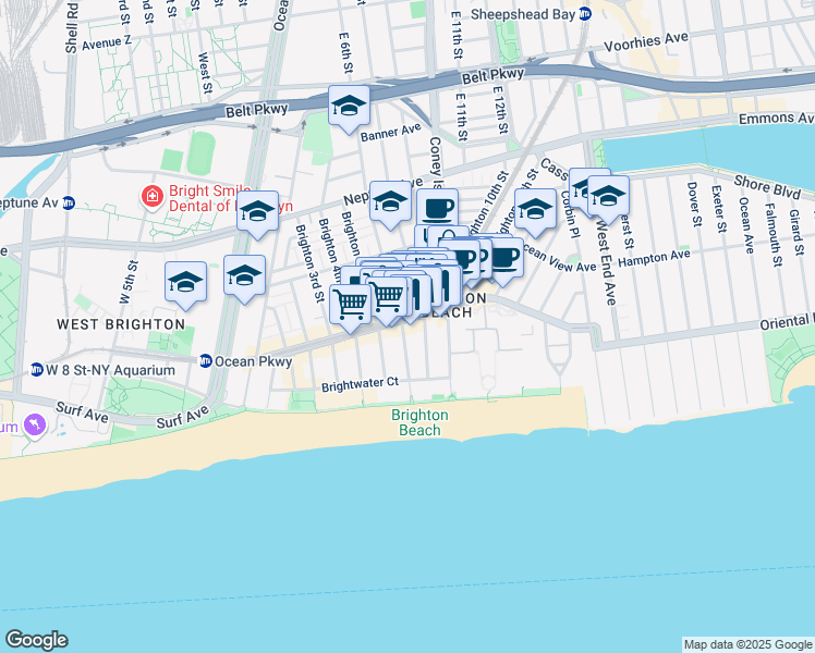 map of restaurants, bars, coffee shops, grocery stores, and more near 604 Brighton Beach Avenue in Brooklyn