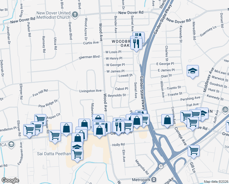 map of restaurants, bars, coffee shops, grocery stores, and more near 105 Bender Avenue in Woodbridge Township
