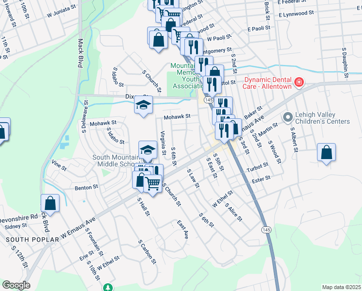 map of restaurants, bars, coffee shops, grocery stores, and more near 1974 South Law Street in Allentown