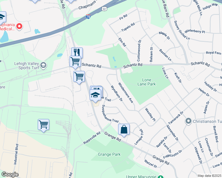 map of restaurants, bars, coffee shops, grocery stores, and more near 141 Wyndham Drive in Allentown