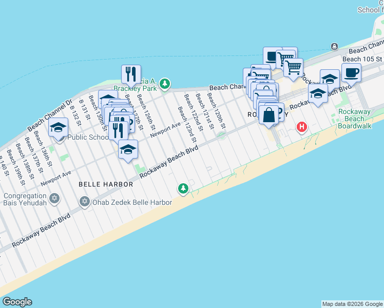 map of restaurants, bars, coffee shops, grocery stores, and more near 1-89 Beach 123rd Street in Queens