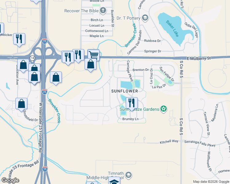 map of restaurants, bars, coffee shops, grocery stores, and more near 812 Jutland Lane in Fort Collins