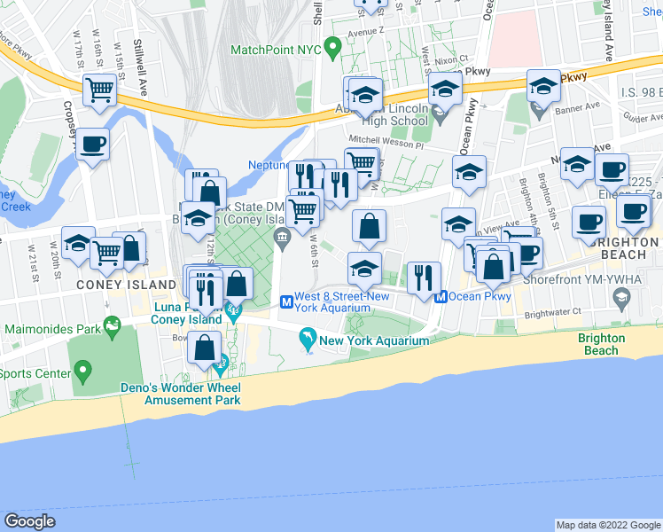 map of restaurants, bars, coffee shops, grocery stores, and more near 2940 Marsha Rapaport Way in Brooklyn