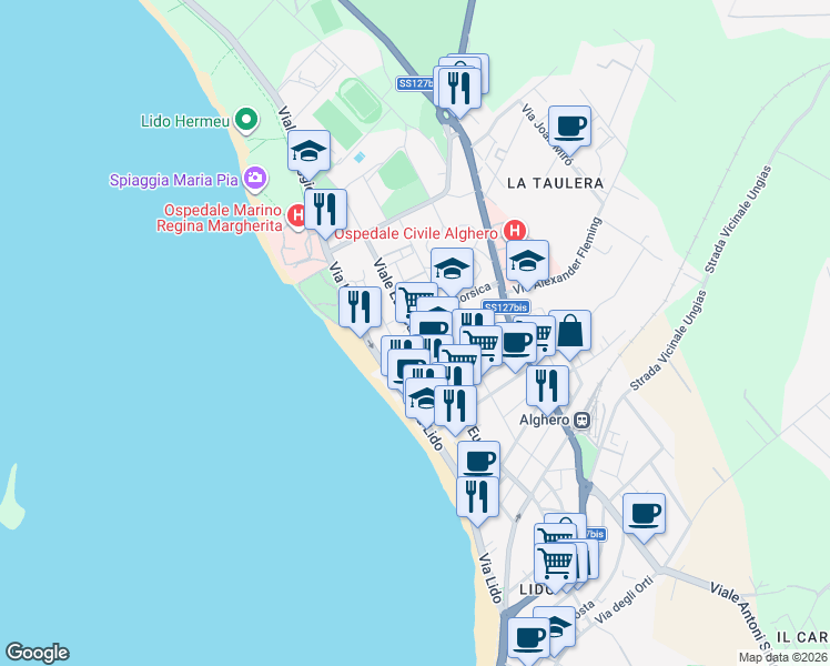 map of restaurants, bars, coffee shops, grocery stores, and more near 9 Via Corsica in Alghero