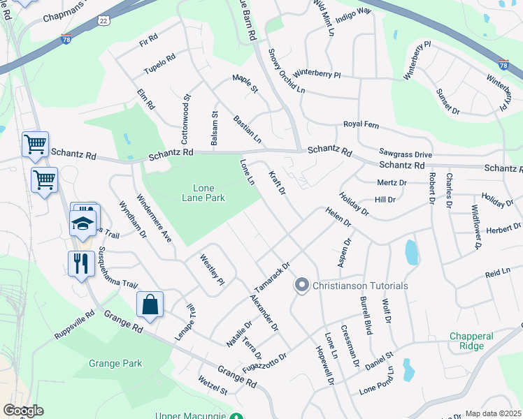 map of restaurants, bars, coffee shops, grocery stores, and more near 108 Lone Lane in Allentown