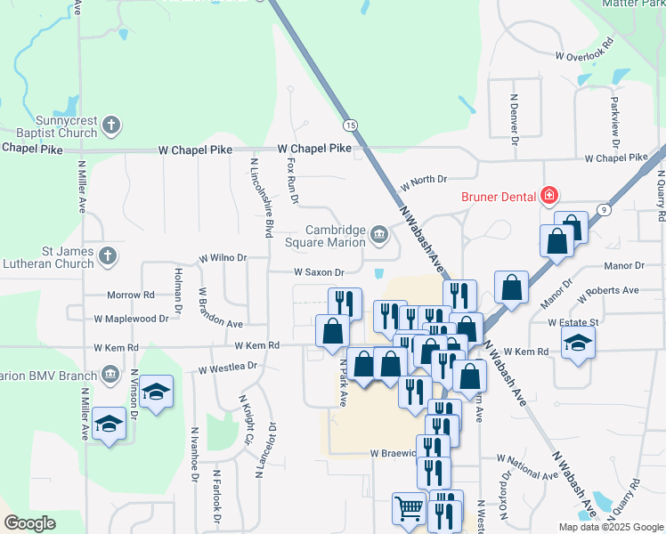 map of restaurants, bars, coffee shops, grocery stores, and more near 1406 Fox Run Drive in Marion