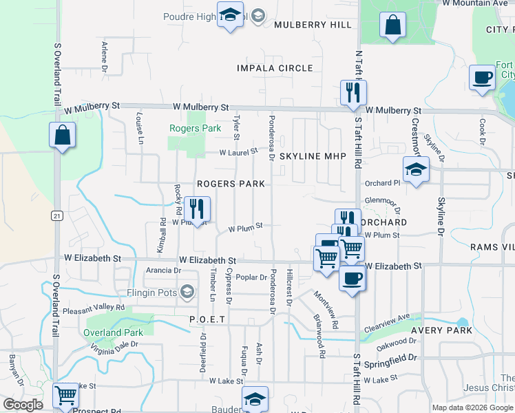 map of restaurants, bars, coffee shops, grocery stores, and more near 804 Gallup Road in Fort Collins