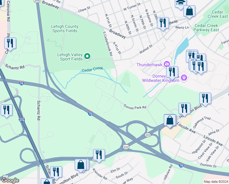 map of restaurants, bars, coffee shops, grocery stores, and more near 298 South Cedarbrook Road in Allentown
