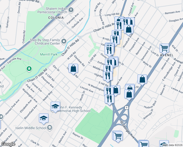 map of restaurants, bars, coffee shops, grocery stores, and more near 110 Highfield Road in Woodbridge Township
