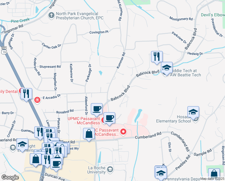 map of restaurants, bars, coffee shops, grocery stores, and more near 9540 Kummer Road in McCandless Township