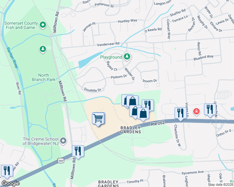 map of restaurants, bars, coffee shops, grocery stores, and more near 4006 Crawford Court in Bridgewater