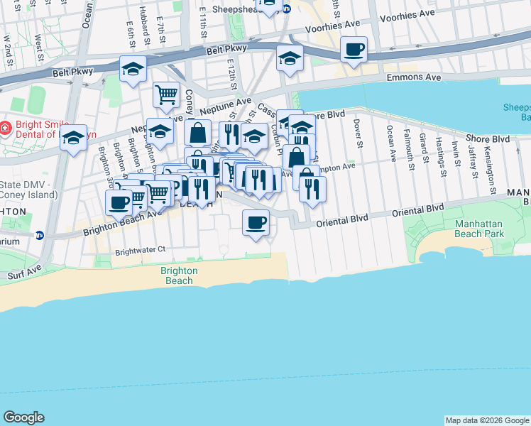 map of restaurants, bars, coffee shops, grocery stores, and more near 3086 Brighton 14th Street in Brooklyn