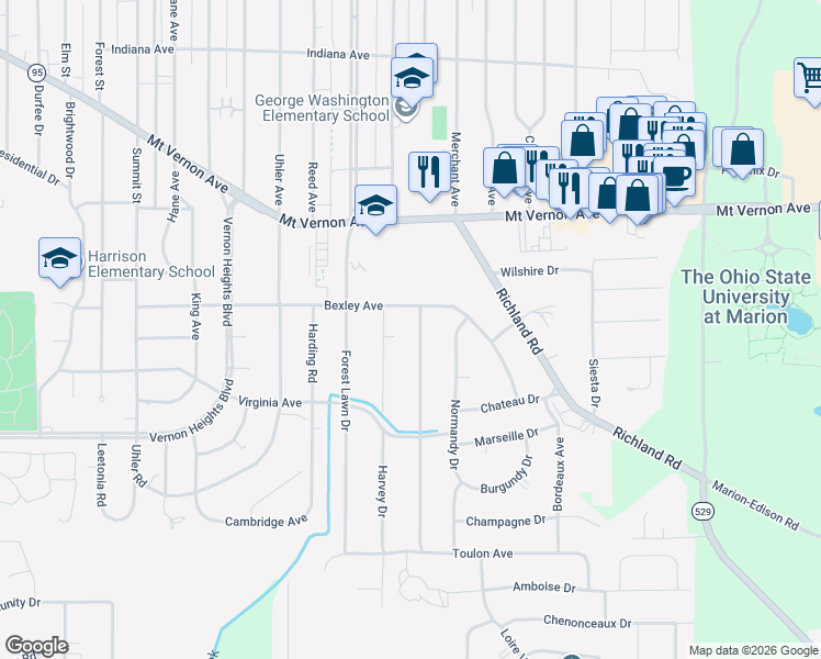 map of restaurants, bars, coffee shops, grocery stores, and more near 1085 Bexley Avenue in Marion