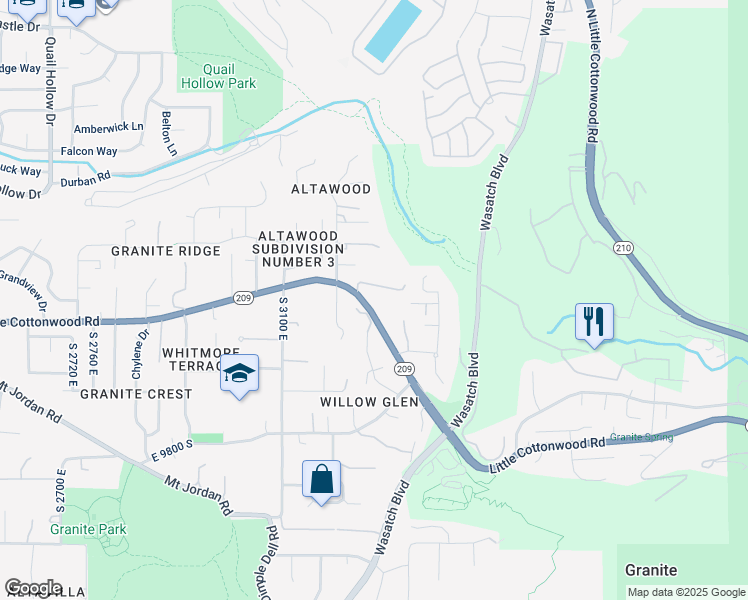 map of restaurants, bars, coffee shops, grocery stores, and more near 3259 Little Cottonwood Road in Sandy