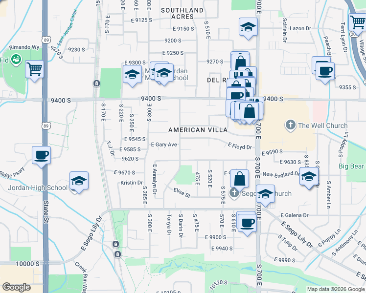 map of restaurants, bars, coffee shops, grocery stores, and more near 9571 David Street in Sandy
