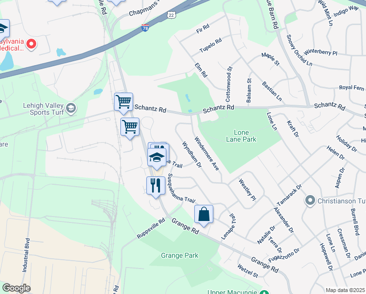 map of restaurants, bars, coffee shops, grocery stores, and more near 141 Wyndham Drive in Allentown