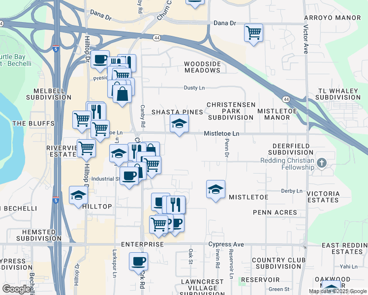 map of restaurants, bars, coffee shops, grocery stores, and more near 1155 Mistletoe Lane in Redding