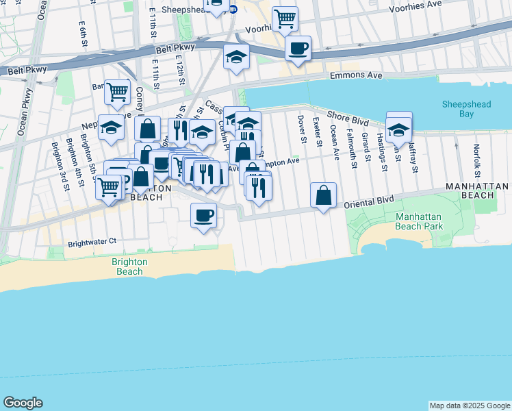 map of restaurants, bars, coffee shops, grocery stores, and more near 153 West End Avenue in Brooklyn