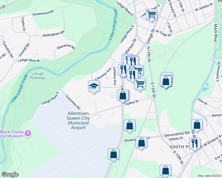 map of restaurants, bars, coffee shops, grocery stores, and more near 1842 17th Street Southwest in Allentown