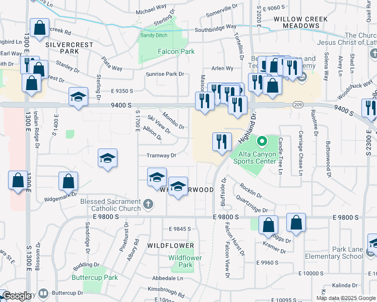 map of restaurants, bars, coffee shops, grocery stores, and more near 9563 Tramway Circle in Sandy