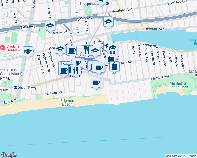 map of restaurants, bars, coffee shops, grocery stores, and more near 1150 Brighton Beach Avenue in Brooklyn