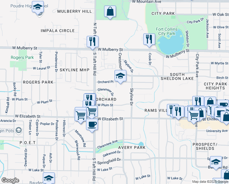 map of restaurants, bars, coffee shops, grocery stores, and more near 702 Glenmoor Drive in Fort Collins