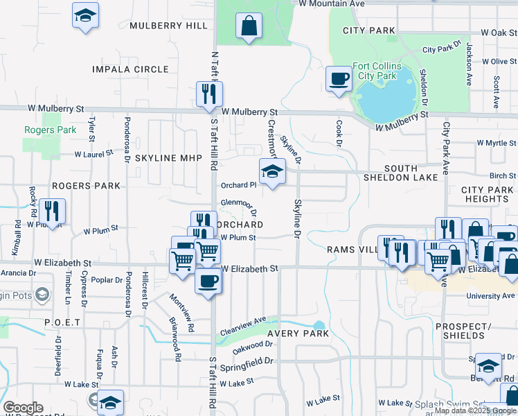 map of restaurants, bars, coffee shops, grocery stores, and more near 702 Glenmoor Drive in Fort Collins